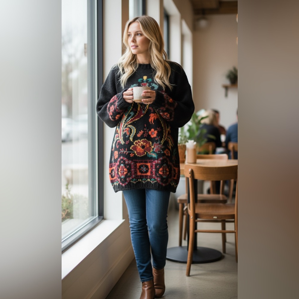 Laura Ashley Black and Red Floral Sweater